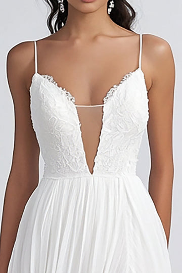 White Chiffon A Line Spaghetti Straps Long Formal Dress with Slit